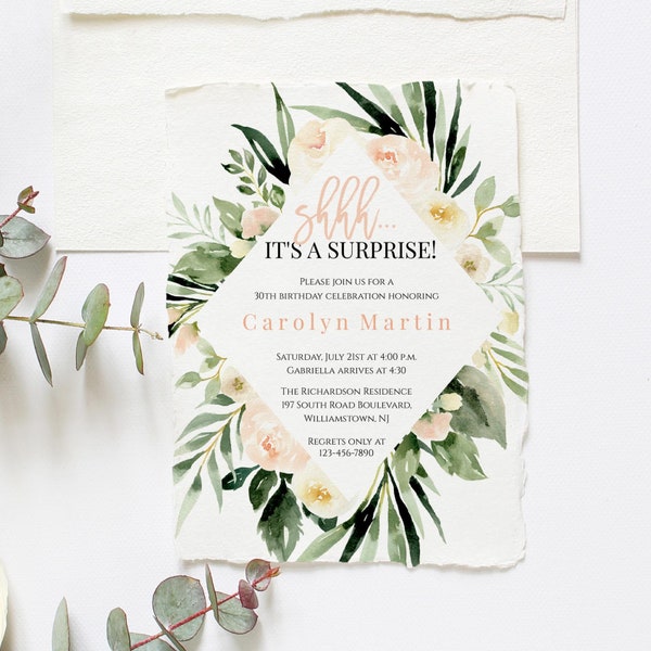 Surprise Birthday Invitation, Surprise Party Invitation, Shhh It's A Surprise, Greenery Surprise, Instant Download, PDF, Edit Yourself, C11