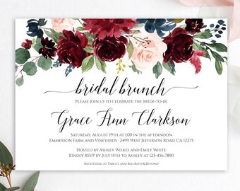 Invitación de brunch nupcial en color merlot, descarga instantánea, invitación de brunch nupcial imprimible, invitación horizontal editable en color burdeos, Templett C6