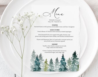 Forest Menu Template, Outdoor Dinner Menu, 2 Sizes, Printable Wedding Menu Cards, Editable Woodland Menu, Pine Tree Menu, Templett, C48