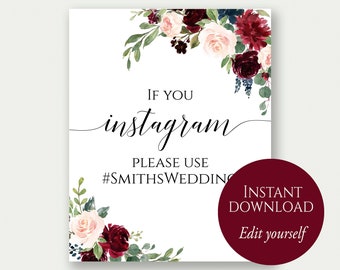 Instagram Wedding Sign, If You Instagram Sign, Instagram Template, Wedding Sign, Wedding Hashtag Sign, Instagram Sign, Editable PDF, C6