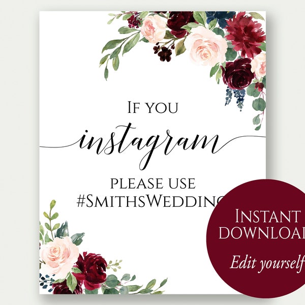 Instagram Wedding Sign, If You Instagram Sign, Instagram Template, Wedding Sign, Wedding Hashtag Sign, Instagram Sign, Editable PDF, C6