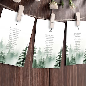 Tabella dei posti a sedere per alberi di pino, scheda dei posti a sedere per foreste, modificabile, piano dei posti a sedere per matrimoni in montagna, tabella dei posti a sedere per esterni, modello di cartello, verde Templett, C91