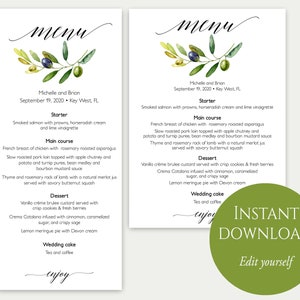 Menu rameau d'olivier, menu olive, modèle de menu de mariage, mariage italien, mariage grec, menu modifiable, modèle de menu, téléchargement immédiat
