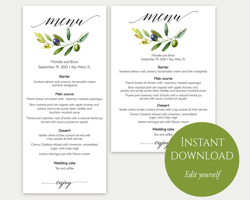 Olive Branch Menu Olive Menu Wedding Menu Template Italian Etsy