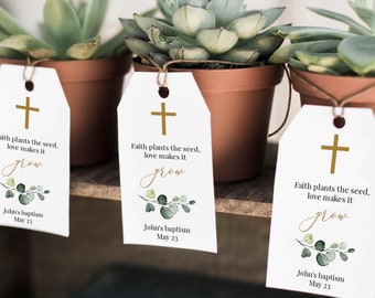 Modèle d'étiquette de faveur de baptême, Faith Plants The Seed Love Makes It Grow, Editable Baptism Tag Cross, Editable Greenery Favor Tag, Templett, C22