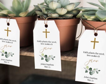 Baptism Favor Tag Template, Faith Plants The Seed Love Makes It Grow, Editable Baptism Tag Cross, Editable Greenery Favor Tag, Templett, C22