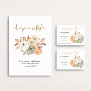 Tarjeta de rifa de pañales Boleto de rifa de pañales de otoño con forma de calabaza Actividad de baby shower editable para género neutro Rifa de pañales imprimible, Templett, C96
