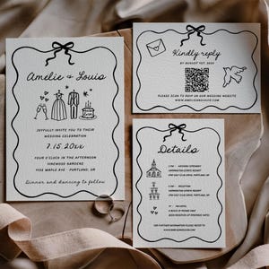 May include: Wedding invitation with black and white illustrations of a couple, a cake, and champagne glasses. The invitation is for Amélie and Louis's wedding on July 15th, 20XX at Vinewood Gardens in Portland, Oregon. The invitation includes a QR code to RSVP on their wedding website, www.amelieandlouis.com.