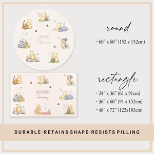 May include: Cream-coloured Winnie the Pooh themed playmats in round and rectangular shapes. The round mat is 152cm x 152cm and the rectangular mats are 61cm x 91cm, 91cm x 152cm, and 122cm x 183cm. The mats feature illustrations of Pooh and friends.