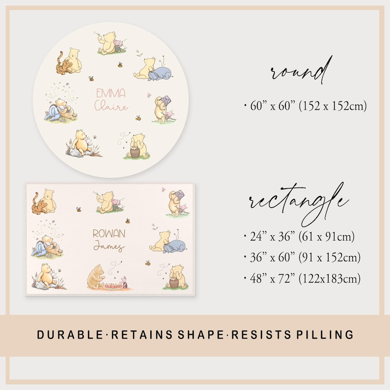 May include: Cream-coloured Winnie the Pooh themed playmats in round and rectangular shapes. The round mat is 152cm x 152cm and the rectangular mats are 61cm x 91cm, 91cm x 152cm, and 122cm x 183cm. The mats feature illustrations of Pooh and friends.