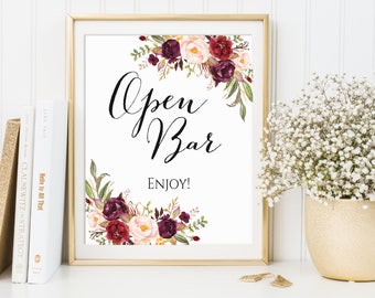 Open Bar Sign, Open Bar Wedding Sign, Party Signs, Wedding Sign, Bridal Shower Sign, Floral Open Bar Sign, Printable Open Bar Sign, Marsala