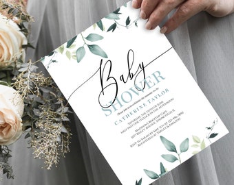 Eucalyptus Baby Shower Invitation Template, Instant Download, Printable Baby Shower Invite Greenery, Editable Mint Invitation, Templett, C31