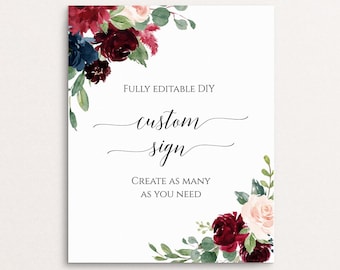 Custom Wedding Sign Template, Fully Editable, Templett, Self-Editable Sign, Printable Wedding Signs Floral, Burgundy Navy, 100% Editable, C6