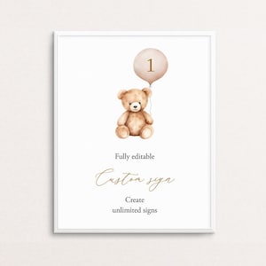 ANY AGE Custom Birthday Sign Bear Balloon Sign Editable Instant Download Teddy Bear 1st Birthday Sign Beary First Birthday Templett C109