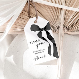 Etiqueta de agradecimento de aniversário com laço, laço preto, etiqueta para lembrancinha, etiqueta de aniversário para impressão, fita de aniversário, modelo de etiqueta de presente editável, faça você mesmo, modelo C103