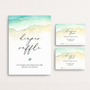 Beach Diaper Raffle Tickets And Sign, Seashore Diaper Raffle, Printable Diaper Raffle Ticket, Ocean Baby Shower Diaper Raffle, Templett, C56
