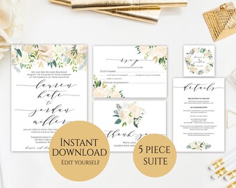 Wedding Invitation Template, Invitation Set, Gold Floral Wedding Invitation, Editable Wedding Invite, Instant Download, Printable, PDF, C3