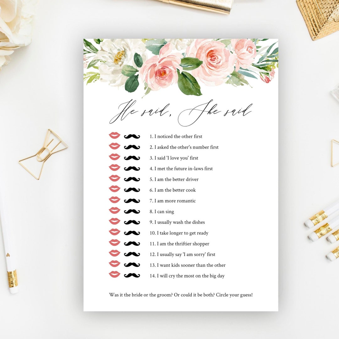 He Said She Said Template Fully Editable Bridal Shower Game Printable He Said She Said Template Fully Editable Bridal Shower Game Printable