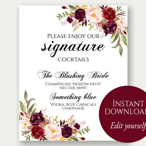 Signature Cocktail Sign, Signature Drink, Wedding Signature Drink Sign, Editable Signature Drink Sign, Signature Cocktail Printable, Marsala
