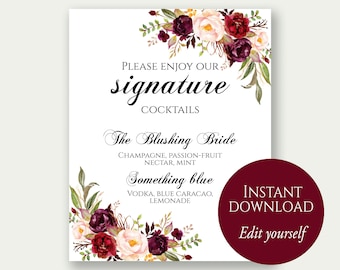 Signature Cocktail Sign, Signature Drink, Wedding Signature Drink Sign, Editable Signature Drink Sign, Signature Cocktail Printable, Marsala