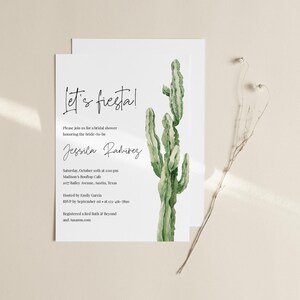 Plantilla de invitación para despedida de soltera Let's Fiesta, invitación imprimible para despedida de soltera con cactus para parejas, plantilla editable con temática mexicana para fiesta de desierto simple