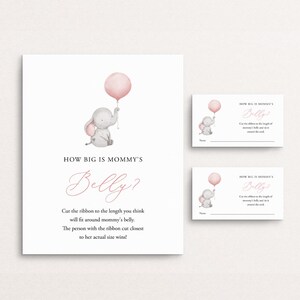 GEDRUKT Hoe groot is mama's buik Bordje en kaart Roze ballon buik raadspel olifant meisje babyshower spel hoe groot is haar buik meisje P72