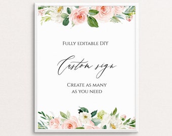 Custom Wedding Sign Template, Fully Editable, Templett, Self-Editable Sign, Printable Wedding Signs Floral, Blush Cream 100% Editable, C9