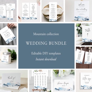 Mountain Wedding Bundle, Editable Wedding Package, Printable Wilderness Wedding Invitation Suite, Pine Tree Wedding Templates, Templett, C47