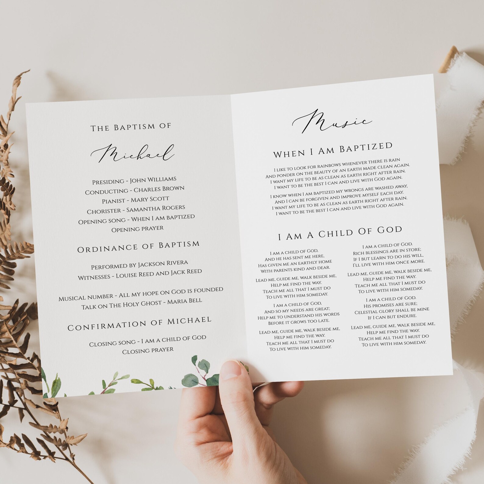 Greenery Christening Program With Photo LDS Baptism Program LDS Order ...