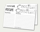 Recipe Cards, Printable Recipe Card, Doodles Recipe Card, DIY Recipe Card, Black And White Recipe Card, Recipe Card With Kitchen Utensils