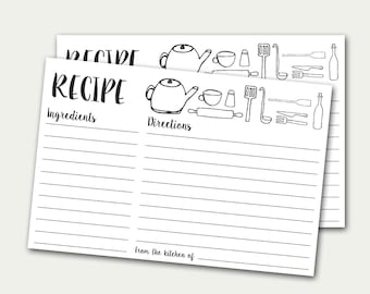 Recipe Cards, Printable Recipe Card, Doodles Recipe Card, DIY Recipe Card, Black And White Recipe Card, Recipe Card With Kitchen Utensils