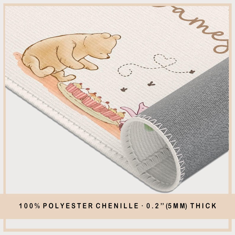 May include: A cream rug with a cartoon bear and dessert illustration. The rug is made of 100% polyester chenille and is 5mm thick. The rug has a rolled edge, revealing a grey backing.