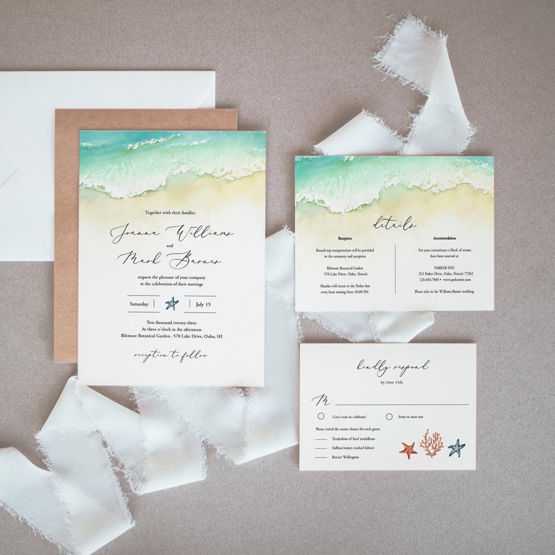 Seashore Wedding Invitation Set Template Download, Editable Beach Wedding Invitation Suite Ocean, Printable DIY Invite Sand, Templett C56 image 2