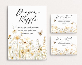 Honey Bee Diaper Raffle Card And Sign Bee Baby Shower Wildflower Diaper Raffle Girl Baby Shower Spring Floral Diaper Game DIY Templett, C108