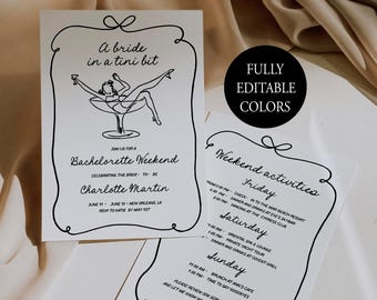 Bride In A Tini Bit Bachelorette Weekend Invitation Dirty Martini Bachelorette Itinerary Whimsical Frame Hen Party Invite Bow Templett C122