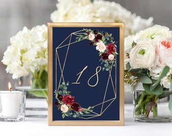 Wedding Table Number Template Editable, Templett, Printable Table Numbers, Navy And Gold Table Numbers, 4x6, 5x7, Dinner Table Numbers, C14