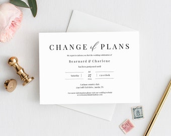 Classic Change Of Plans, Editable Resave The Date, Postponed Wedding Announcement Template, New Wedding Date, Printable Invitation, Templett