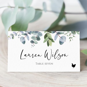 Eucalyptus Place Card Template With Meal Icons, Editable Wedding Place Card, Printable Escort Cards, Folded Place Cards Flat,  Templett, C40