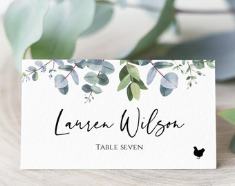 Eucalyptus Place Card Template With Meal Icons, Editable Wedding Place Card, Printable Escort Cards, Folded Place Cards Flat,  Templett, C40