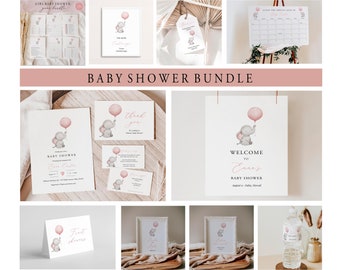Girl Baby Shower Bundle Template Bundle Elephant Invitation Kit Balloon Game Set Pink Balloon Baby Shower Invitation Bundle Templett, C72