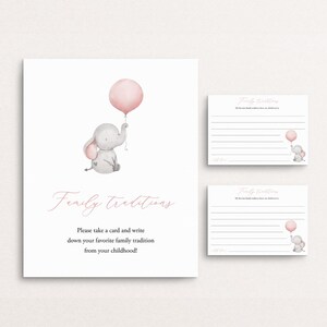 Cartello e biglietti di auguri per la tradizione familiare STAMPATI Bambina Baby Shower Elefante Ricordo d'infanzia Palloncino rosa Condividi un biglietto di auguri Tradizioni dell'infanzia P72