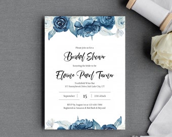 Silver And Blue Bridal Shower Invitation Template, Instant Download, Editable Bridal Shower Invite, Floral DIY Invitation, Templett, C55