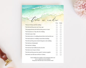 Seashore Over Or Under Game Download, Printable Beach Bridal Shower Game, Ocean Over Or Under, Wedding Shower Game Template, Templett, C56