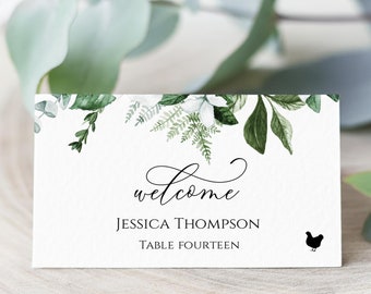 Greenery Place Card Template With Meal Icons, Editable Wedding Place Cards, Printable Escort Cards, Folded Place Cards Flat,  Templett, C39