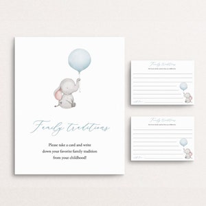 Cartes et enseigne « Tradition familiale » imprimées Fête de naissance, Éléphant, Souvenir d'enfance, Ballon bleu, Partager une carte Souvenir, Traditions de l'enfance, P72