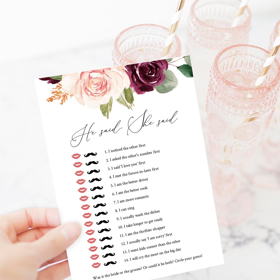 Editable He Said She Said Template, Printable Bridal Shower Game ...