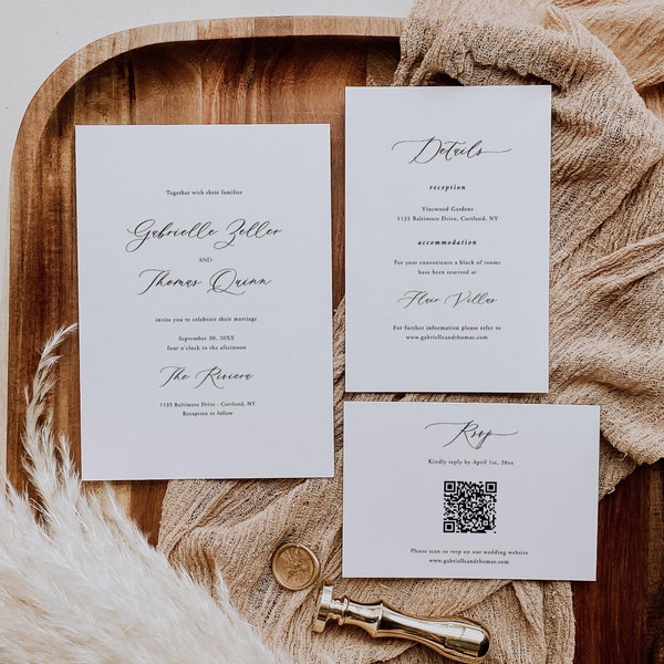 Wedding Invitation Template Suite Elegant Wedding Invitation Set Classic Editable Wedding Invite QR Code Rsvp Card Calligraphy Templett, C93