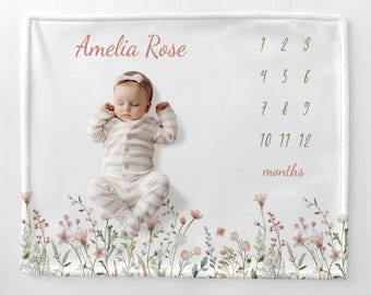 Personalized Wildflower Milestone Blanket Girl Monthly Growth Tracker Blanket Floral New Baby Shower Gift Girl Month Blanket Custom C101
