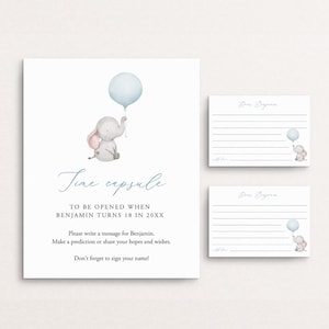 Boy Baby Shower Time Capsule Sign And Cards, First Birthday Time Capsule, Elephant Balloon Time Capsule Template, Baby Wishes, Templett C72 image 1