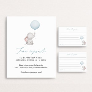 Letrero y tarjetas de cápsula del tiempo para baby shower de niño, cápsula del tiempo para el primer cumpleaños, plantilla de cápsula del tiempo con globos de elefante, deseos para bebés, Templett C72